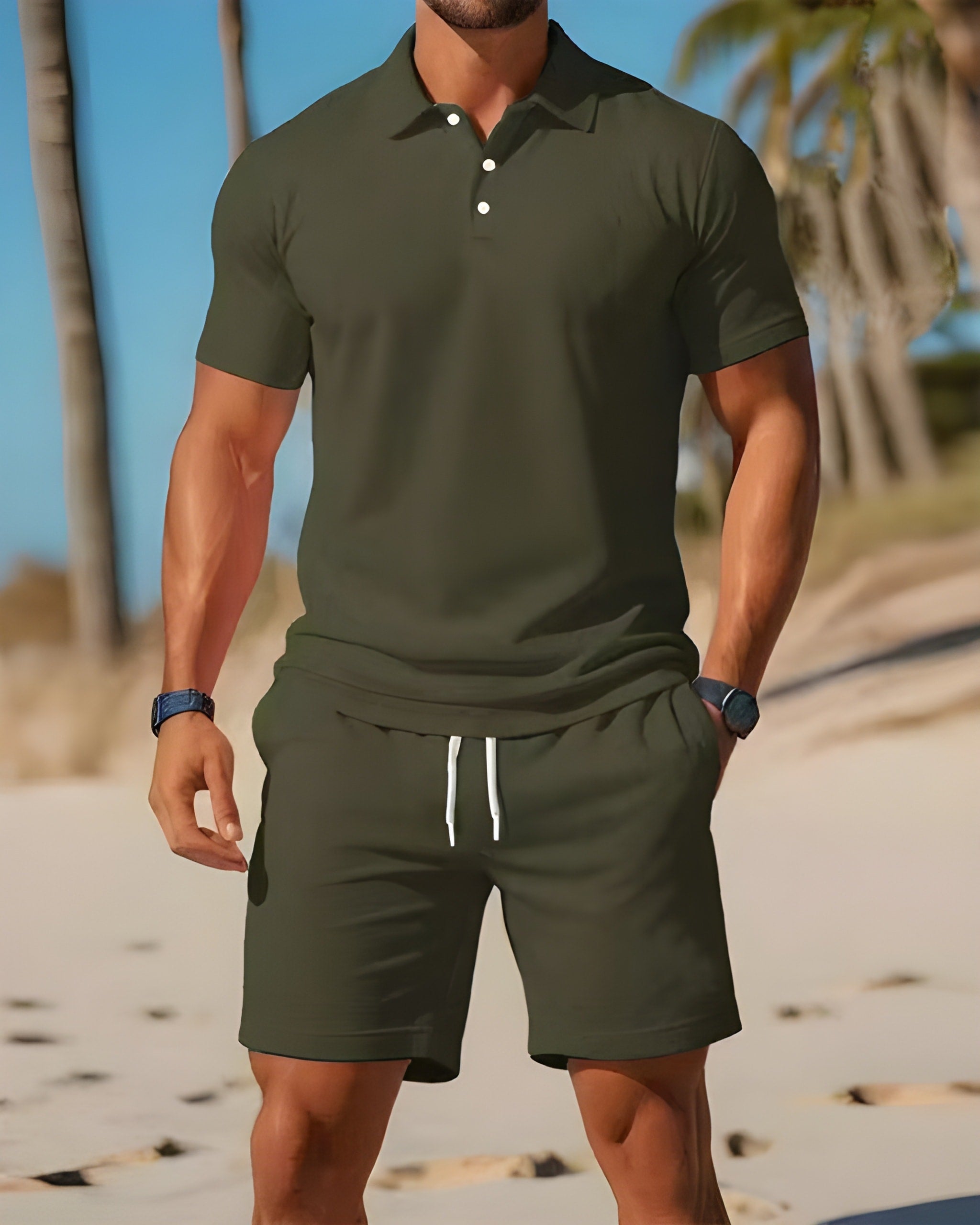 Mäns Kortärmad Pikétröja och Shorts Set Casual 4