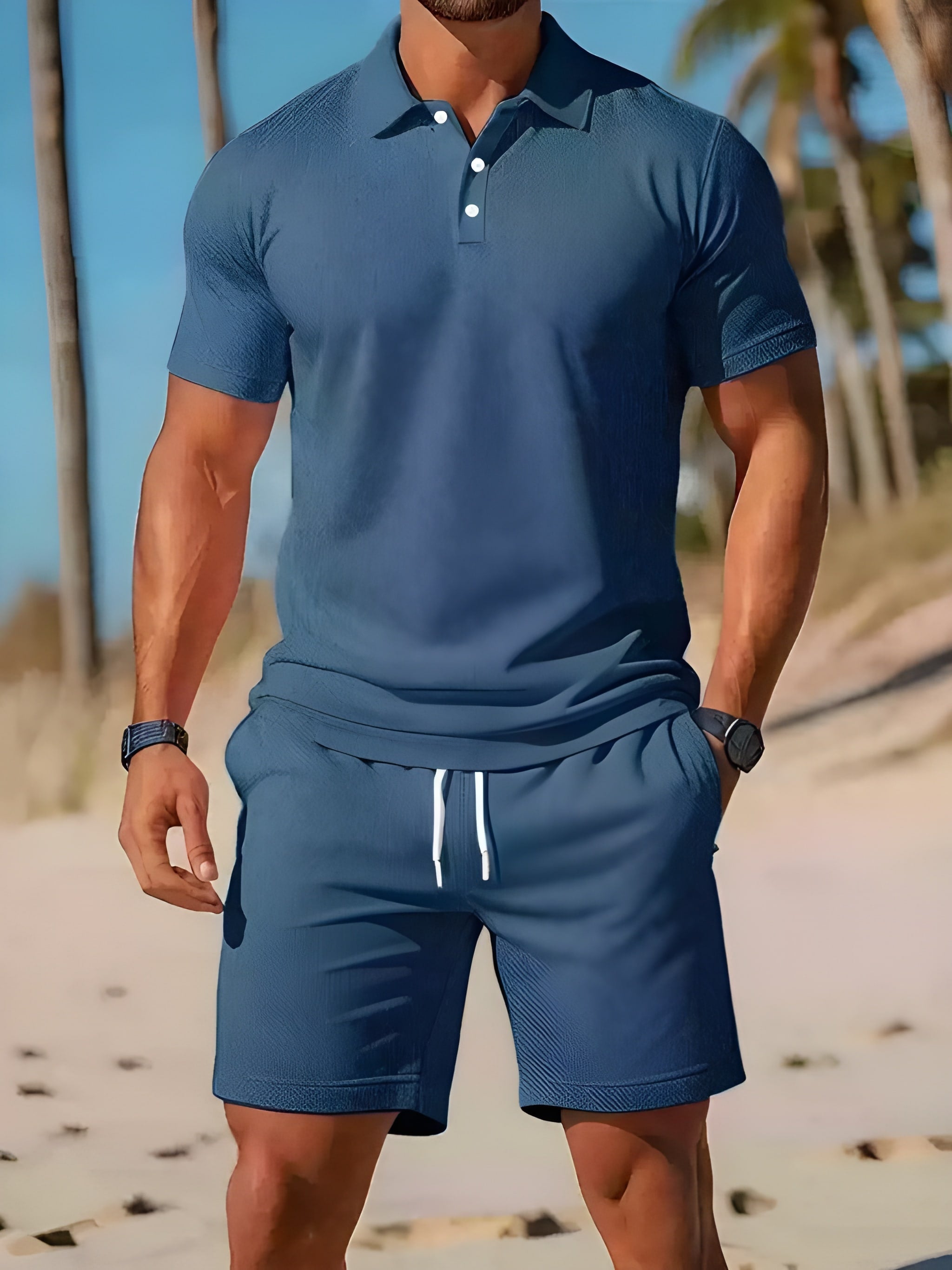 Mäns Kortärmad Pikétröja och Shorts Set Casual 5