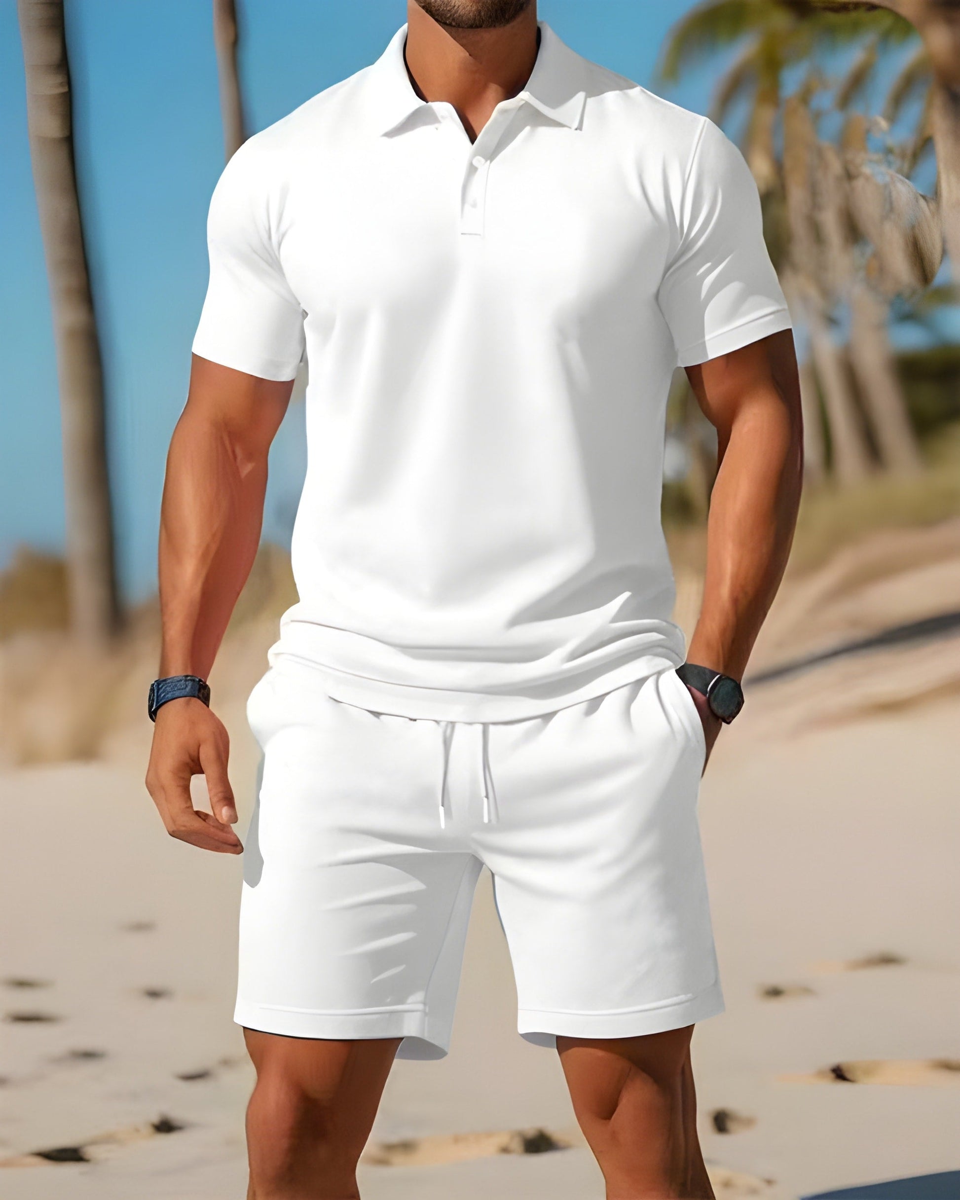 Mäns Kortärmad Pikétröja och Shorts Set Casual 6