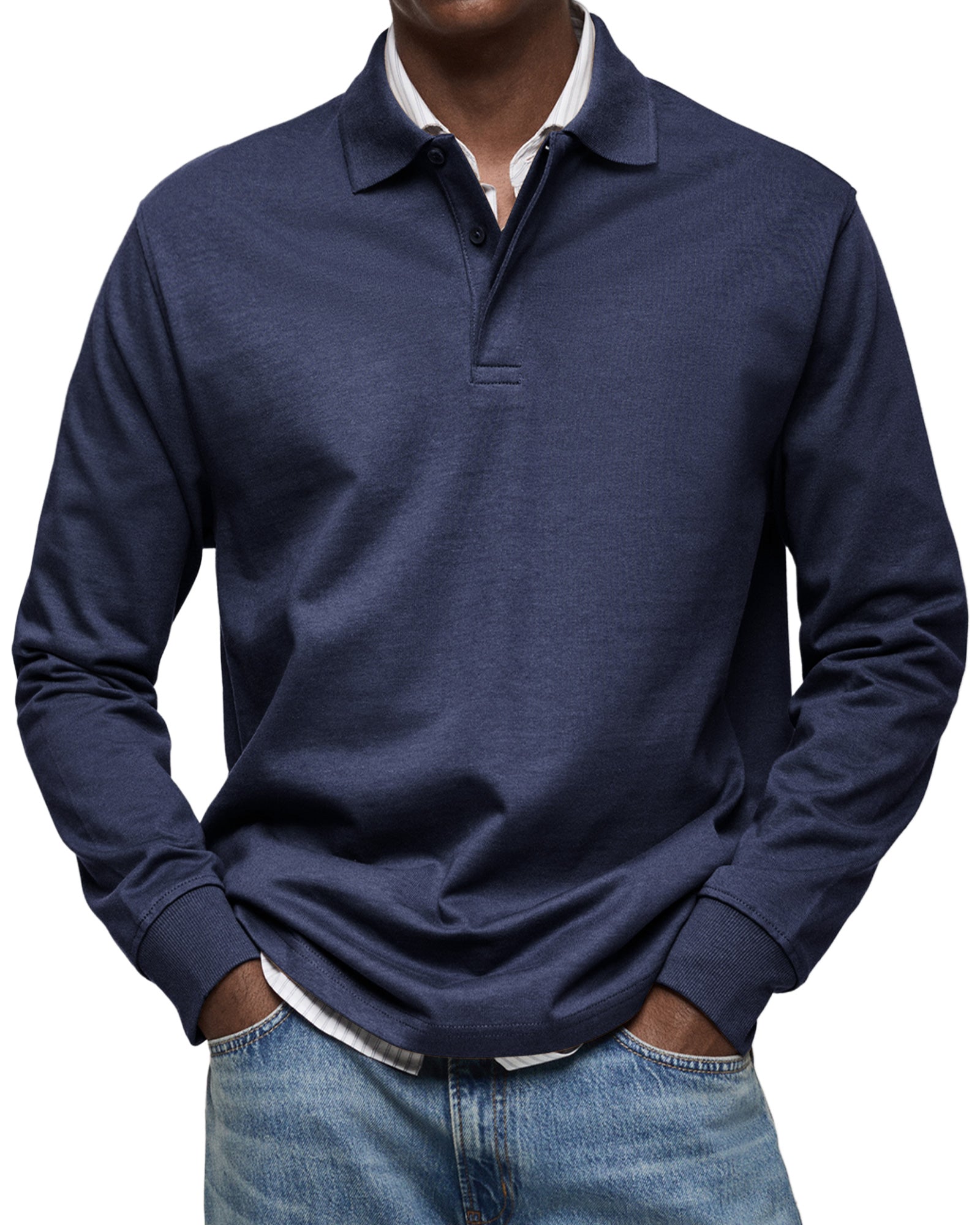 Mäns Långärmad Polo Skjorta Med Knappkrage Klassisk Stil 1