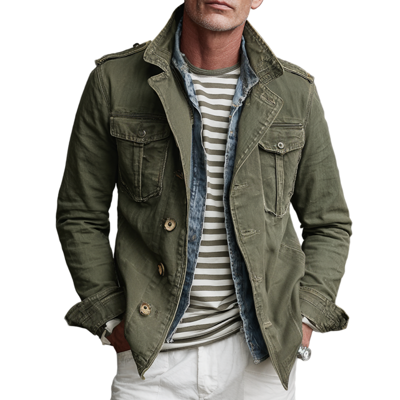 Mäns Multi-Pocket Jacka i Militärstil 0
