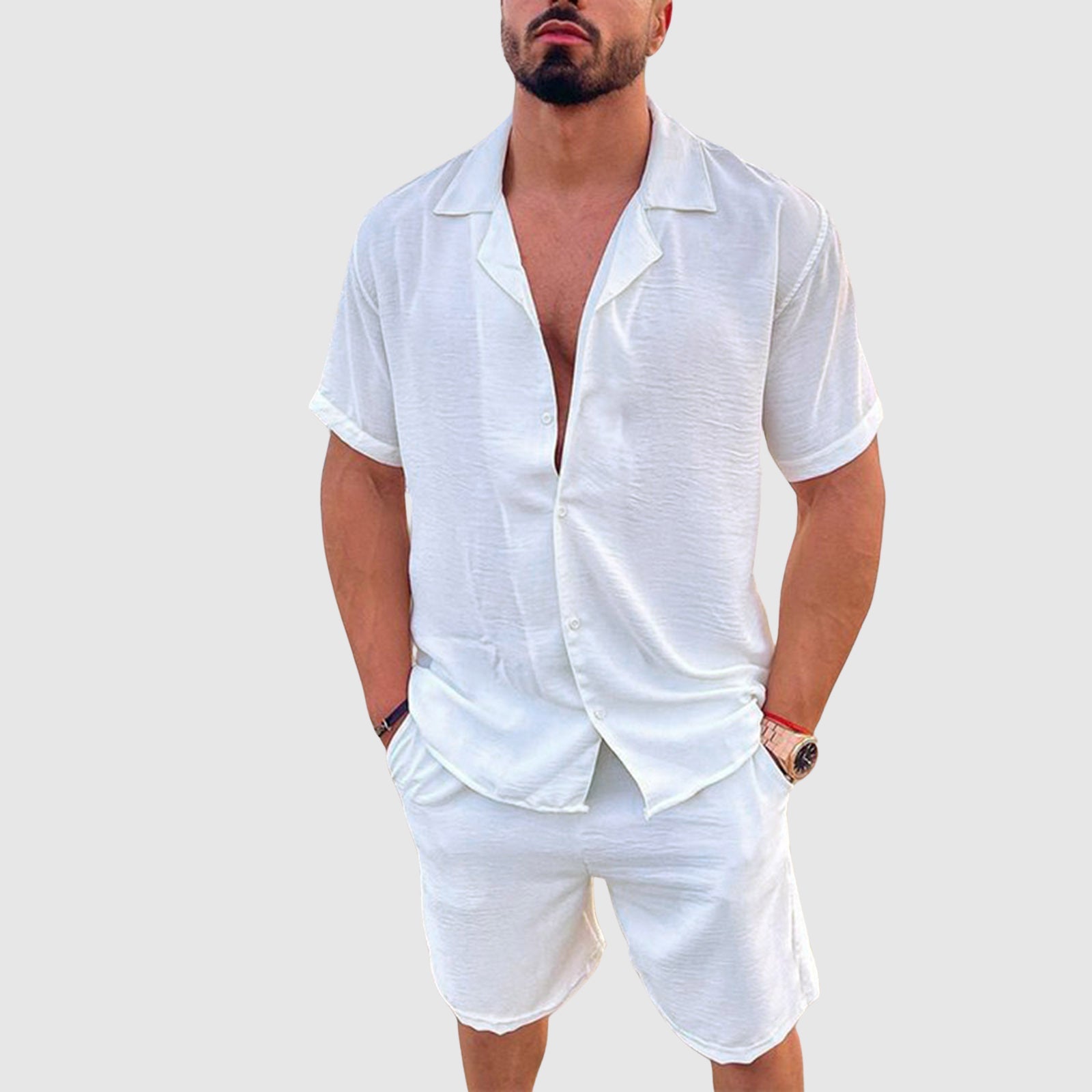 Mäns Resort Set med Kortärmad Skjorta och Shorts 3
