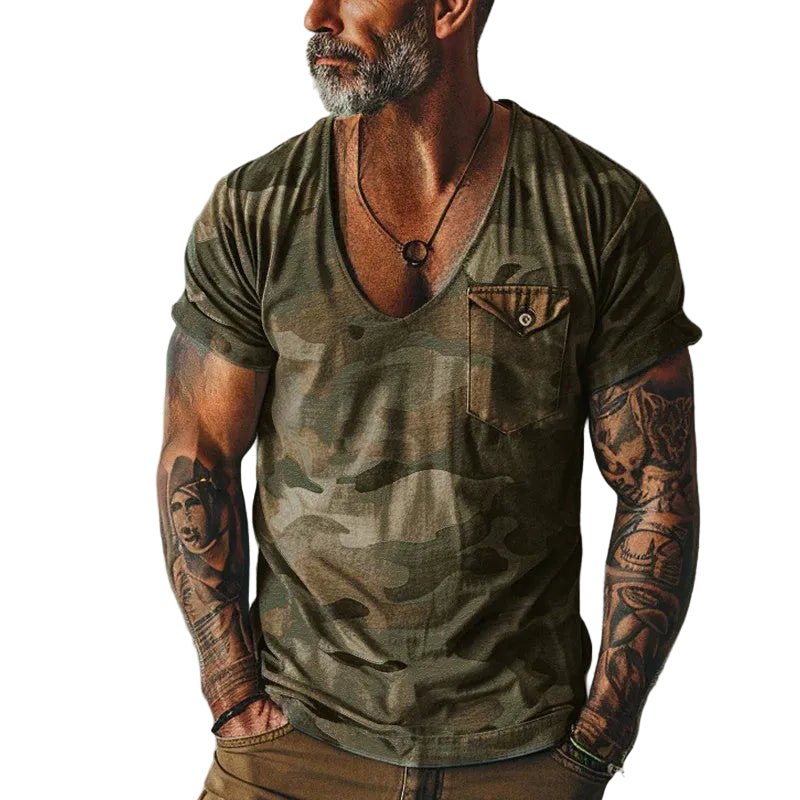 Mäns T-shirt V-ringad Retro Camo Stil 0