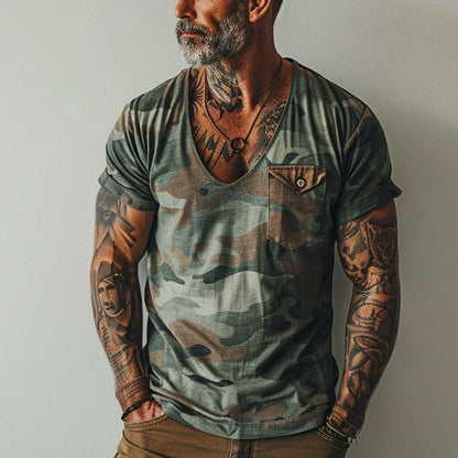 Mäns T-shirt V-ringad Retro Camo Stil 1