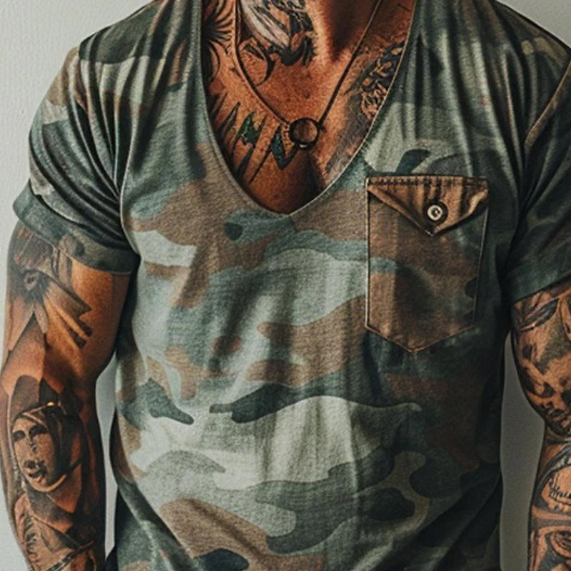 Mäns T-shirt V-ringad Retro Camo Stil 2