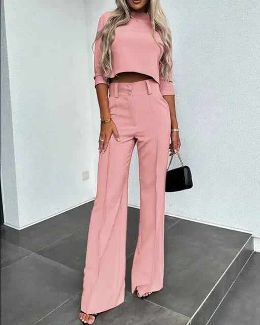 Matchande Set Dam Modern Stil Med Hög Midja Top Och Byxor 2