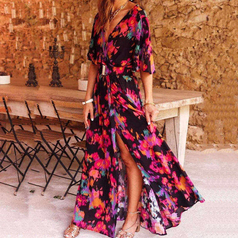 Maxiklänning Dam Boho Stil Djup V-Hals Mjuk Material 3