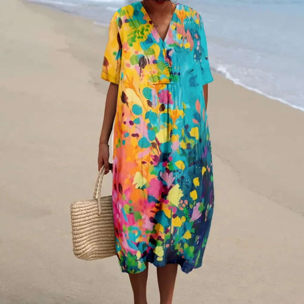 Maxiklänning Dam V-ringad Kort Ärmar Lätt Draperad Tyg 0