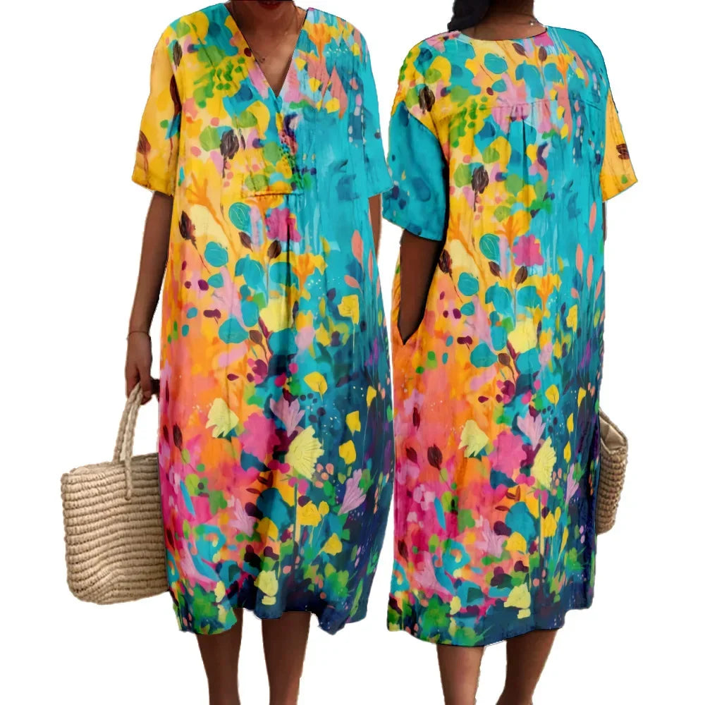 Maxiklänning Dam V-ringad Kort Ärmar Lätt Draperad Tyg 2