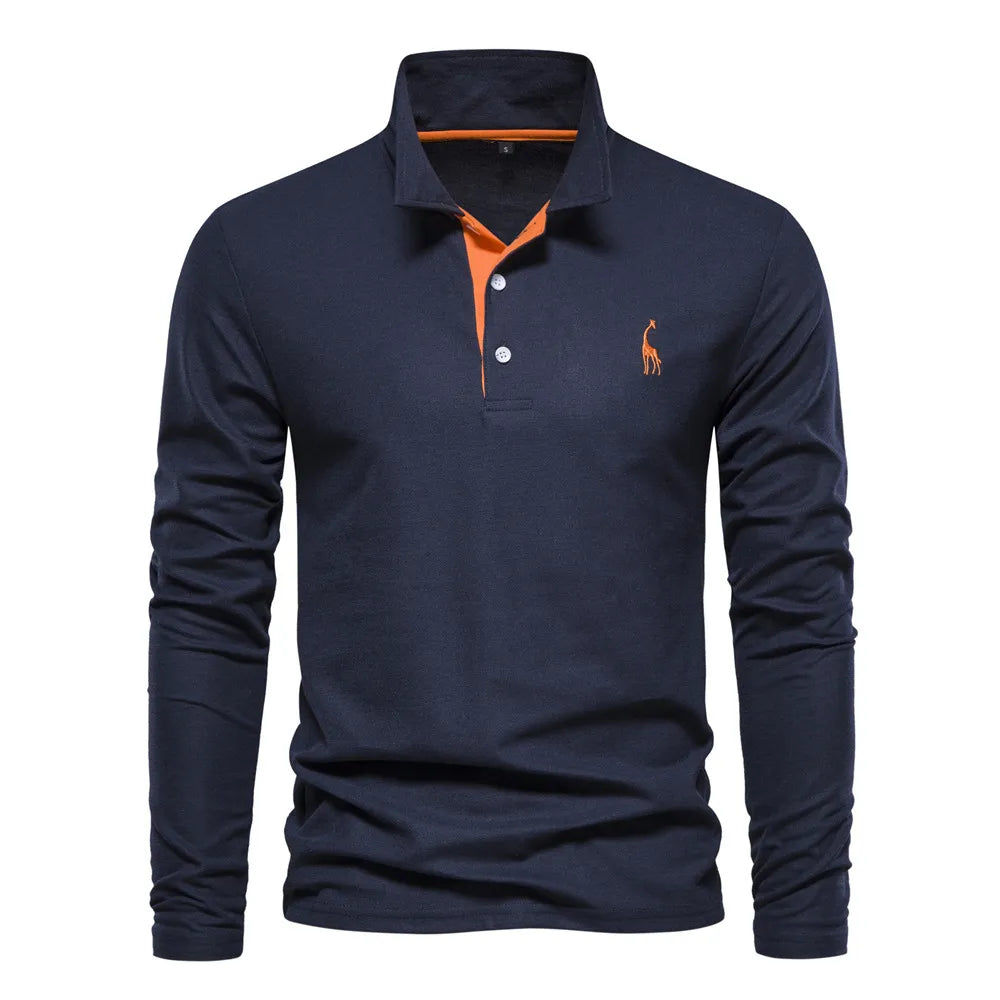 Herrar Långärmad Polo T-shirt Mjuk Bomull-1