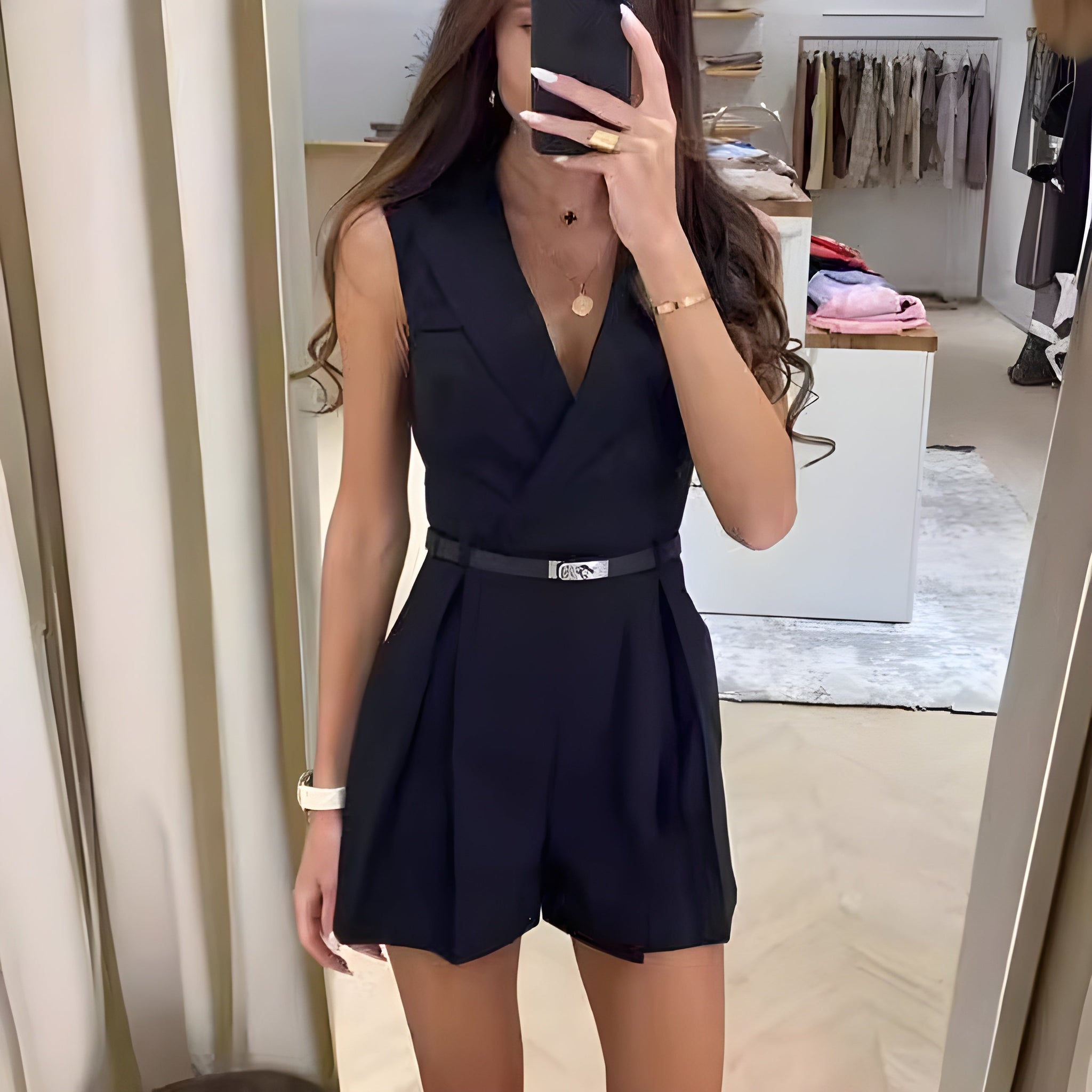 Dam Jumpsuit Ärmlös Elegant V-Ringning Högkvalitativt Tyg-3