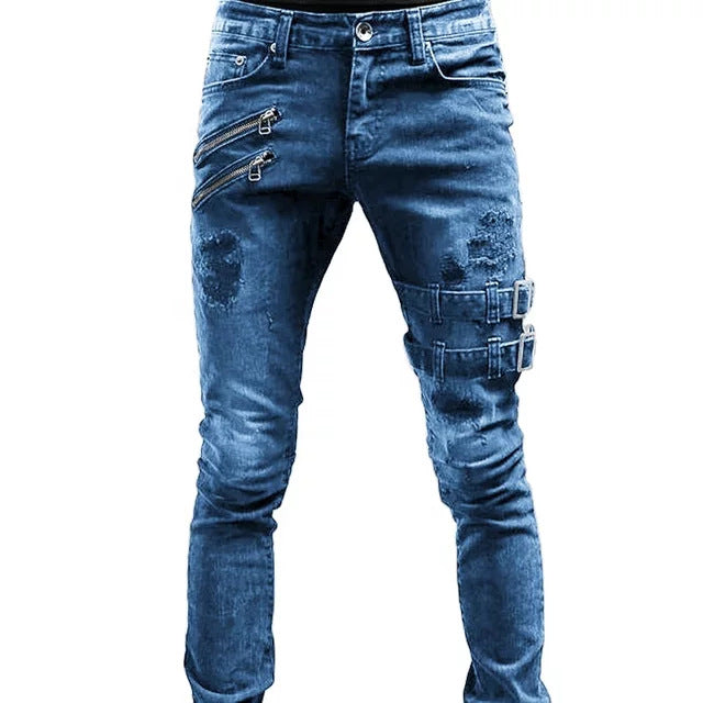 Herr Biker Jeans Avslappnad Denim Med Quiltade Detaljer