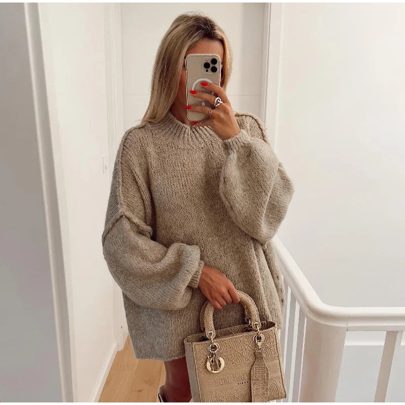 Oversize Stickad Tröja för Damer med Ståkrage 3