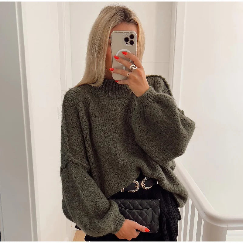 Oversize Stickad Tröja för Damer med Ståkrage 5
