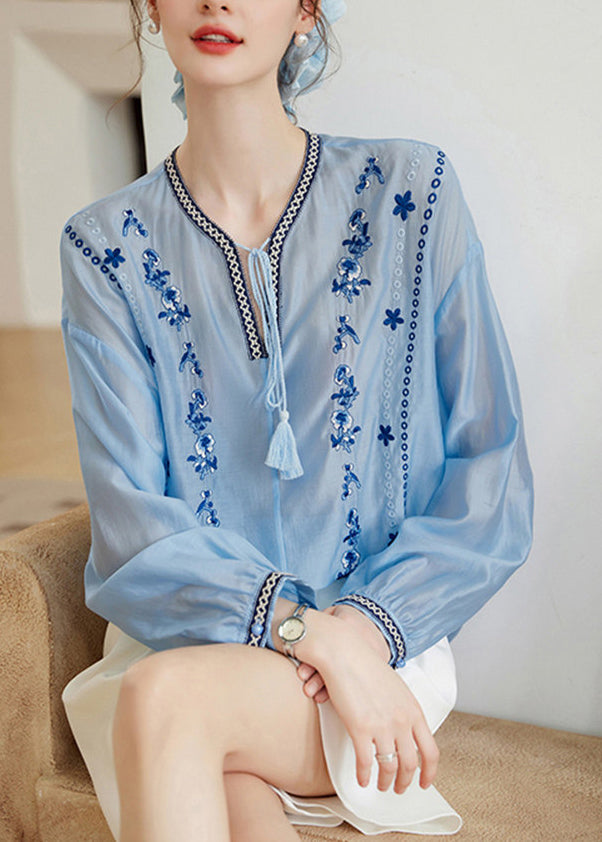 Plus Size Blå Chiffongskjorta med Broderade Spetsar 2