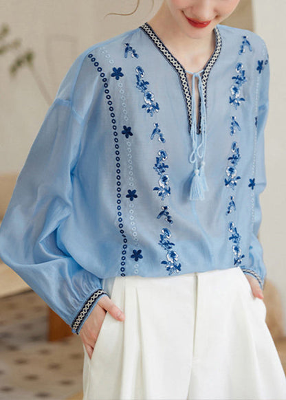 Plus Size Blå Chiffongskjorta med Broderade Spetsar 3