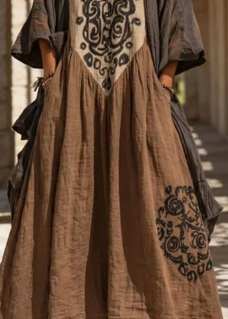 Plus Size Cardigan Set med Kaffeprint och Lång Klänning 3
