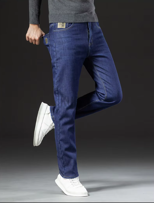 Raka herrbyxor i lammskinnsdenimmodell 5