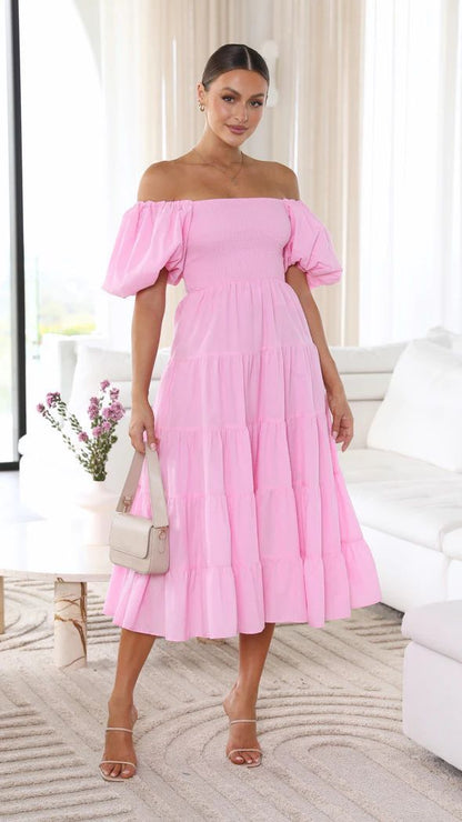 Dam Klänning Off-Shoulder Midi Sommarklänning Mjuk Tyg-1