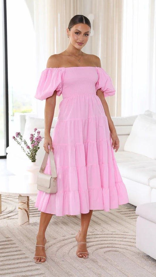 Dam Klänning Off-Shoulder Midi Sommarklänning Mjuk Tyg-1