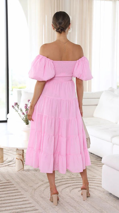Dam Klänning Off-Shoulder Midi Sommarklänning Mjuk Tyg-4