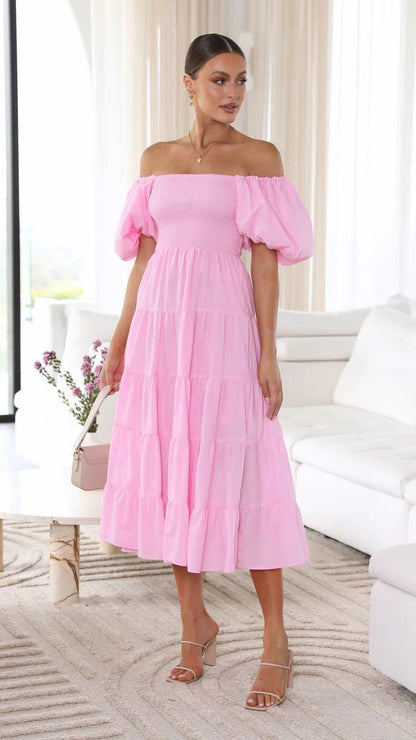 Dam Klänning Off-Shoulder Midi Sommarklänning Mjuk Tyg-2