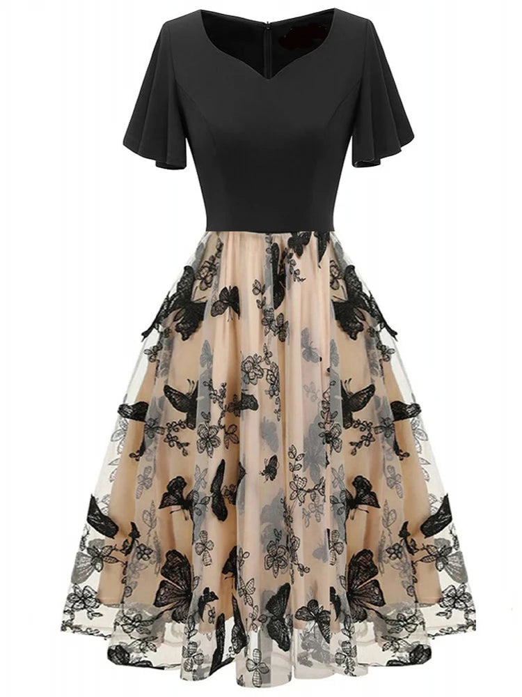 Festklänning Dam | Broderad Mesh | Fjärilsmotiv | V-ringning | Elegant A-linjeform