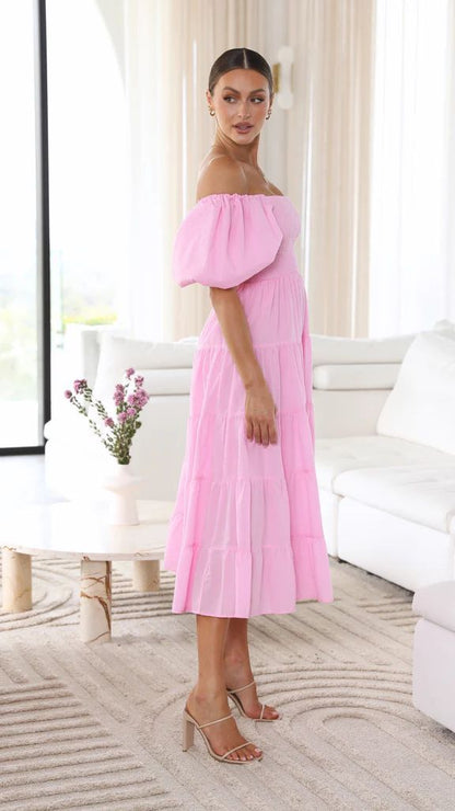 Dam Klänning Off-Shoulder Midi Sommarklänning Mjuk Tyg-3