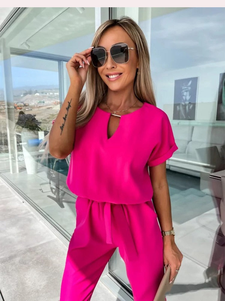Dam Jumpsuit V-hals Kort Ärmar Elastisk Midja Polyester-3