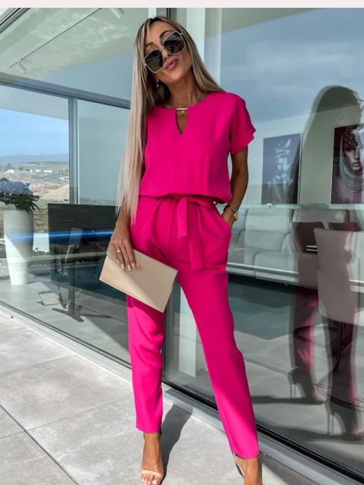 Dam Jumpsuit V-hals Kort Ärmar Elastisk Midja Polyester-1