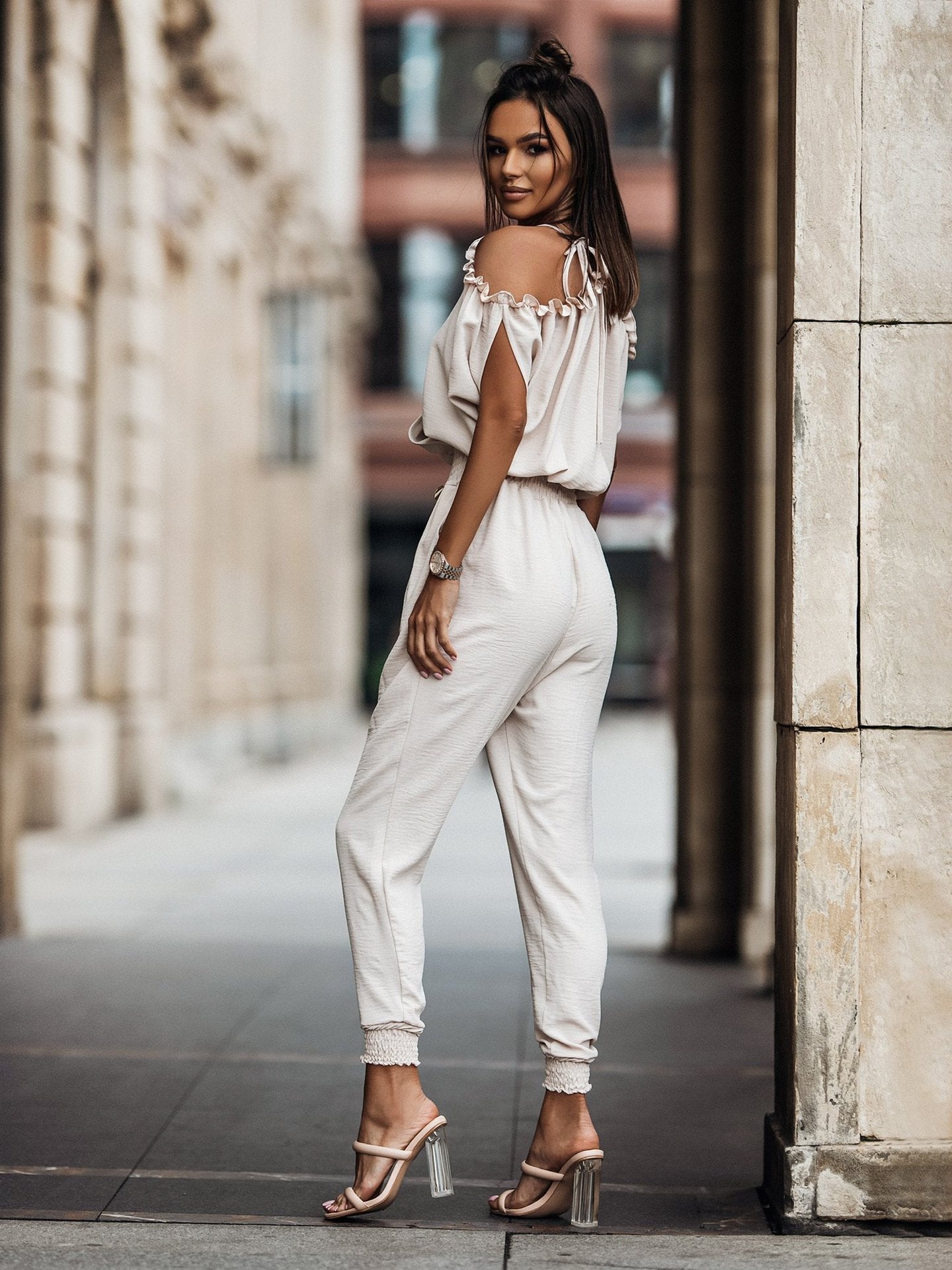 Dam Jumpsuit Öppna Axlar V-ringning Polyester-3