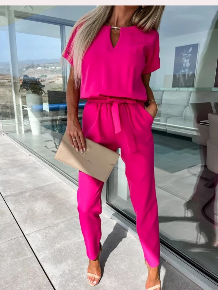 Dam Jumpsuit V-hals Kort Ärmar Elastisk Midja Polyester-2