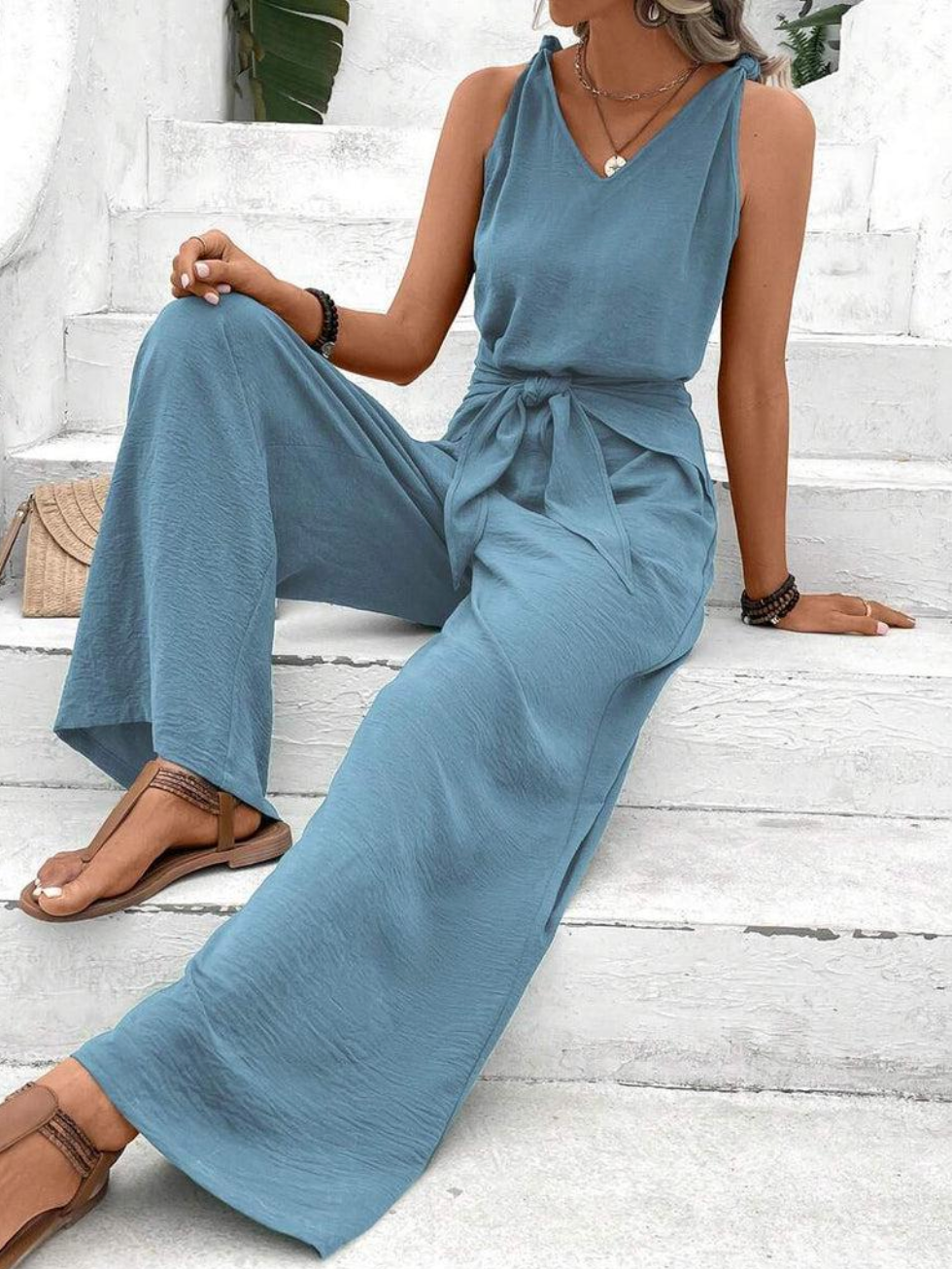 Dam Jumpsuit V-ringning Bredbenad Lätt Tyg-3
