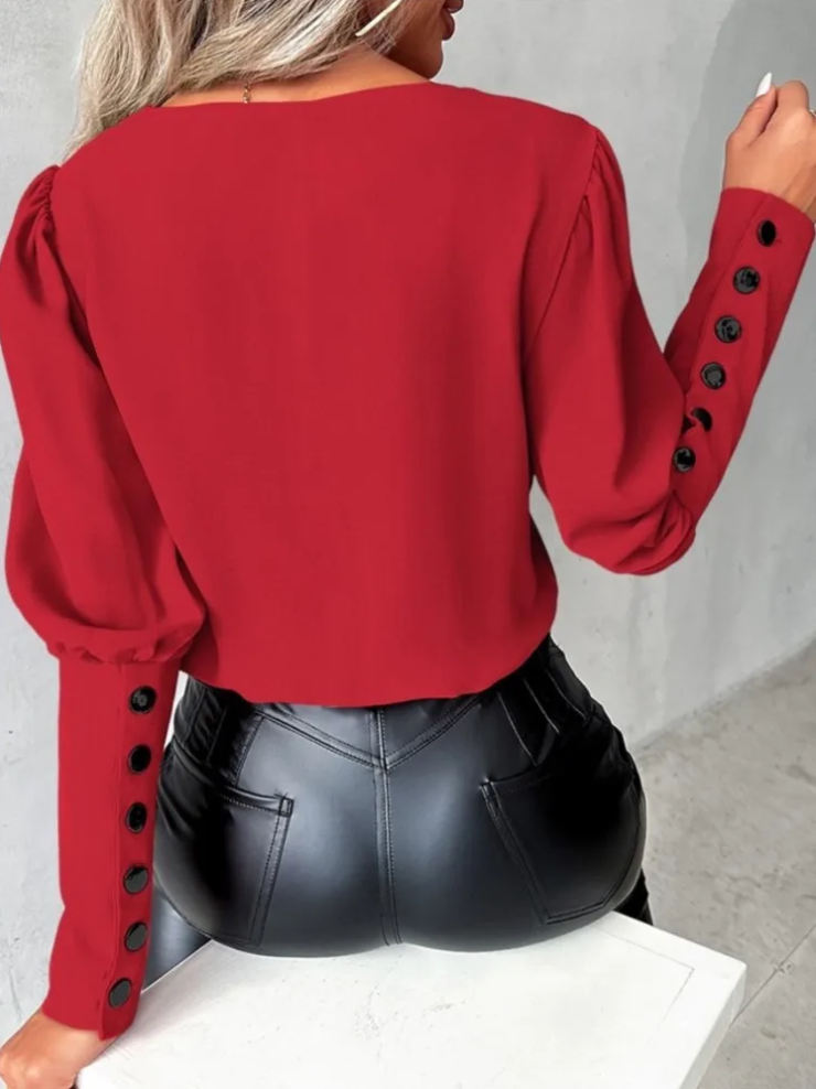 Kvinnors Avslappnad Blus V-ringning Bomull Modern Stil-6