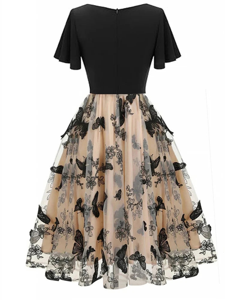 Festklänning Dam | Broderad Mesh | Fjärilsmotiv | V-ringning | Elegant A-linjeform