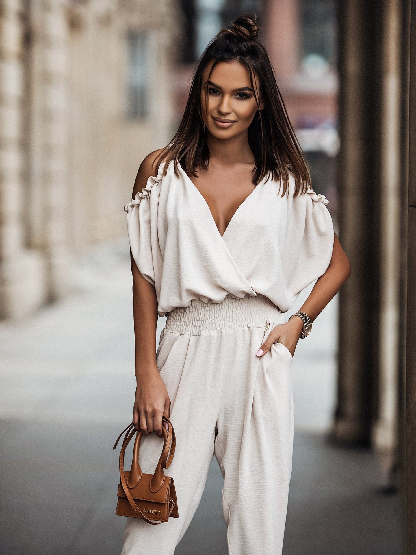 Dam Jumpsuit Öppna Axlar V-ringning Polyester-2