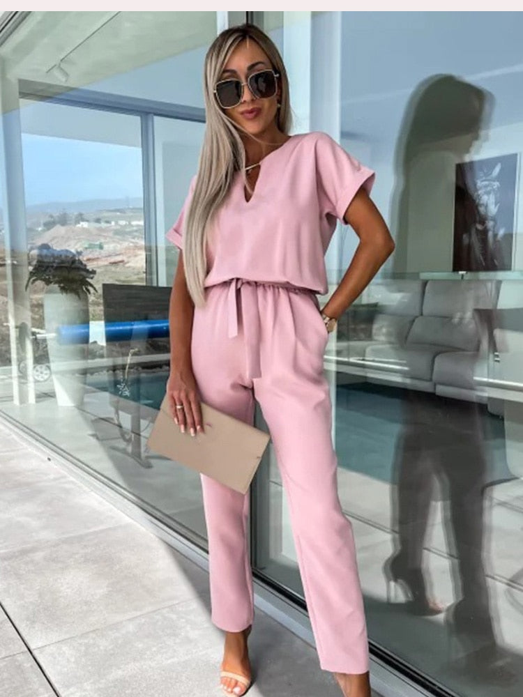 Dam Jumpsuit V-hals Kort Ärmar Elastisk Midja Polyester-4