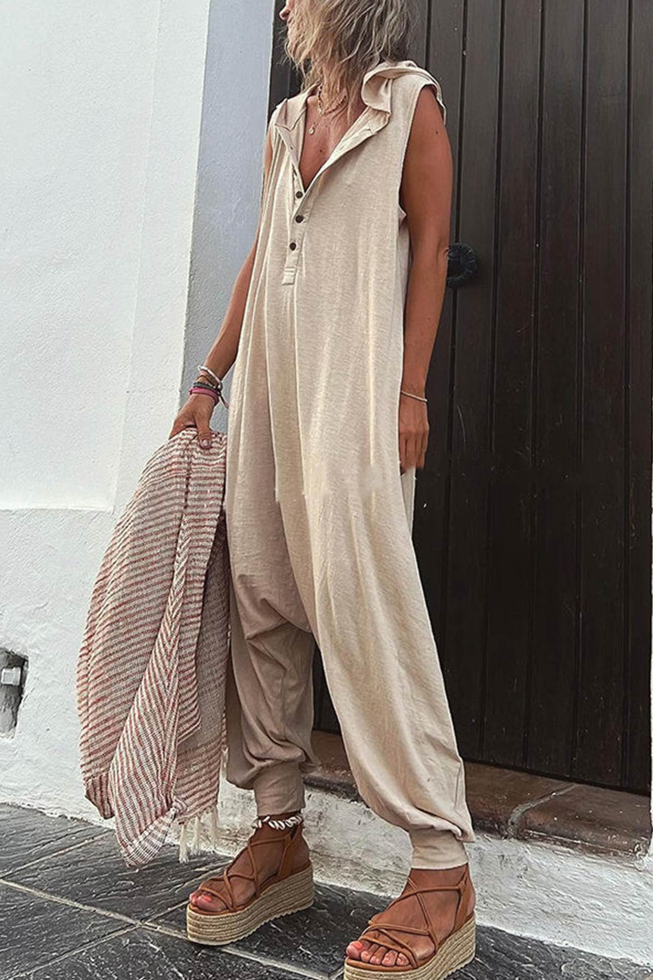 Dam Jumpsuit Casual med Huva i Bomull-1