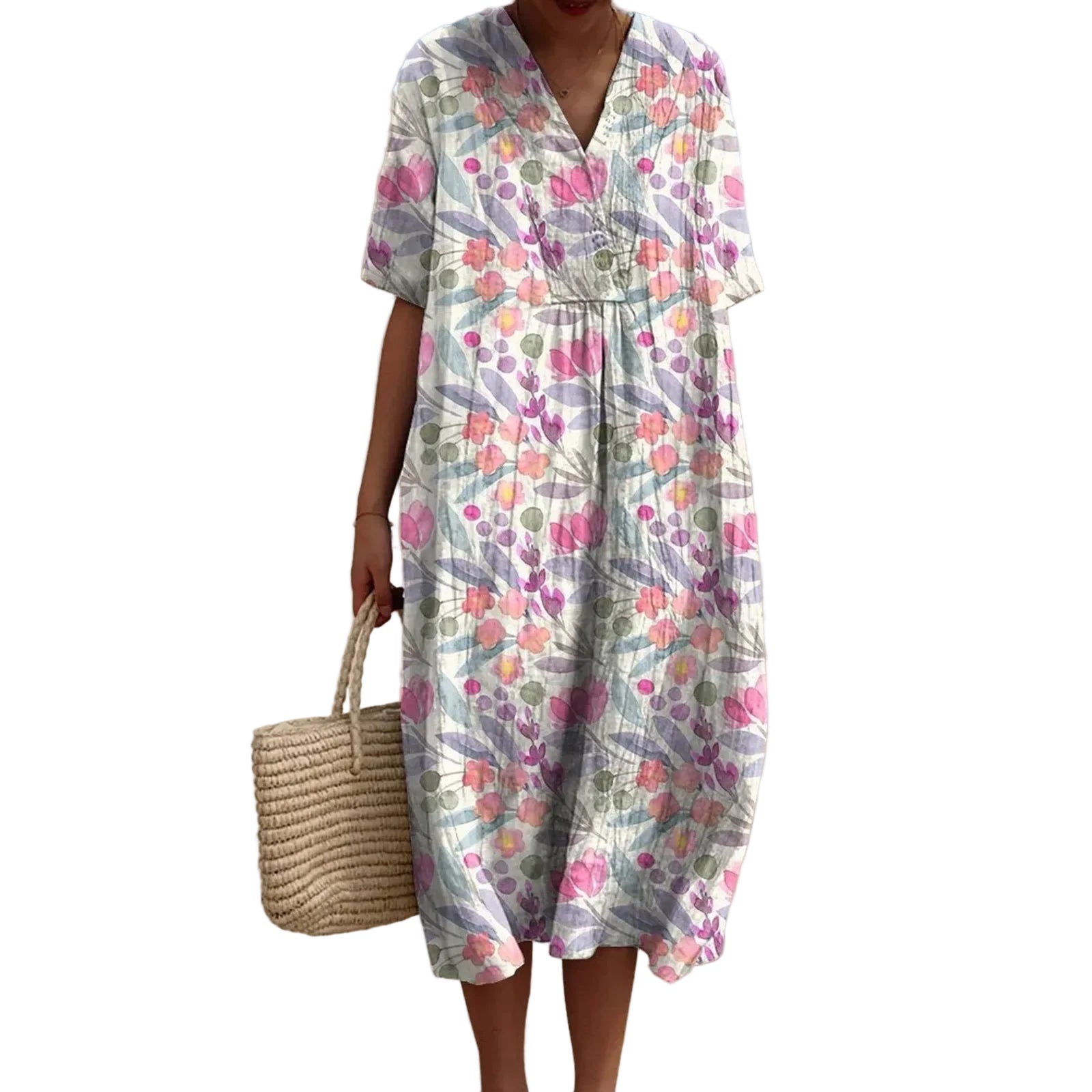 Skjortklänning Dam Kort Ärmar Blommönster Plus Size Hållbart Material 0