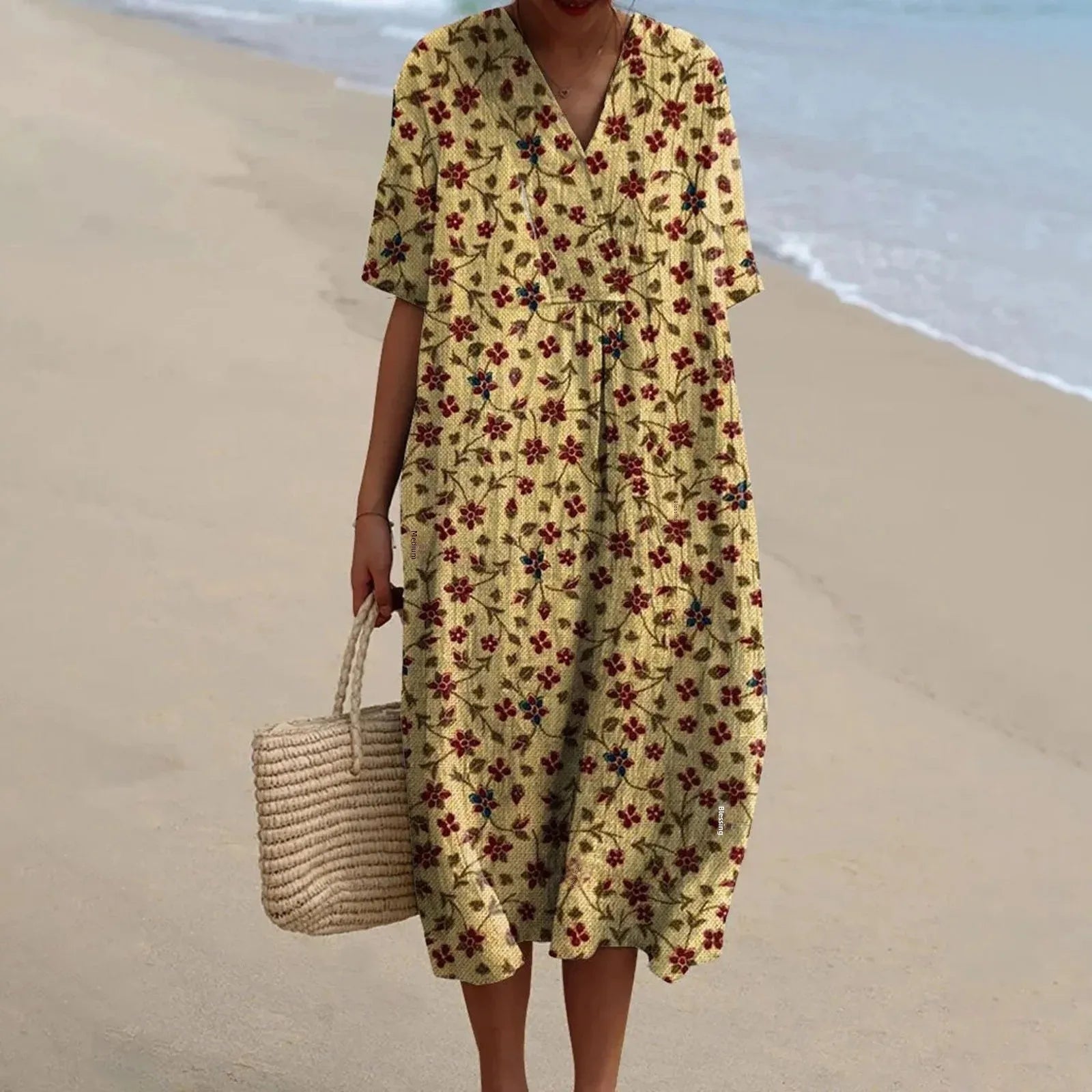 Skjortklänning Dam Kort Ärmar Blommönster Plus Size Hållbart Material 17