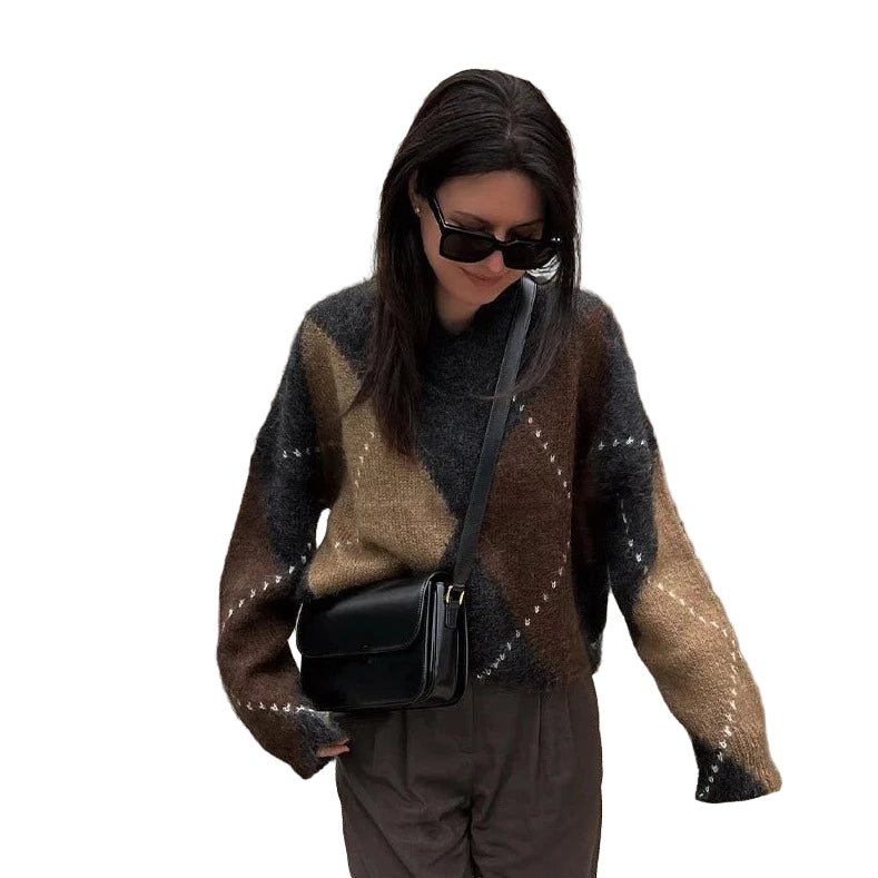 Stickad Dam Tröja Med Geometriska Mönster och Glittrande Detaljer 0