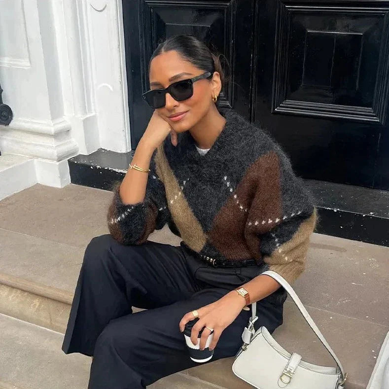 Stickad Dam Tröja Med Geometriska Mönster och Glittrande Detaljer 2