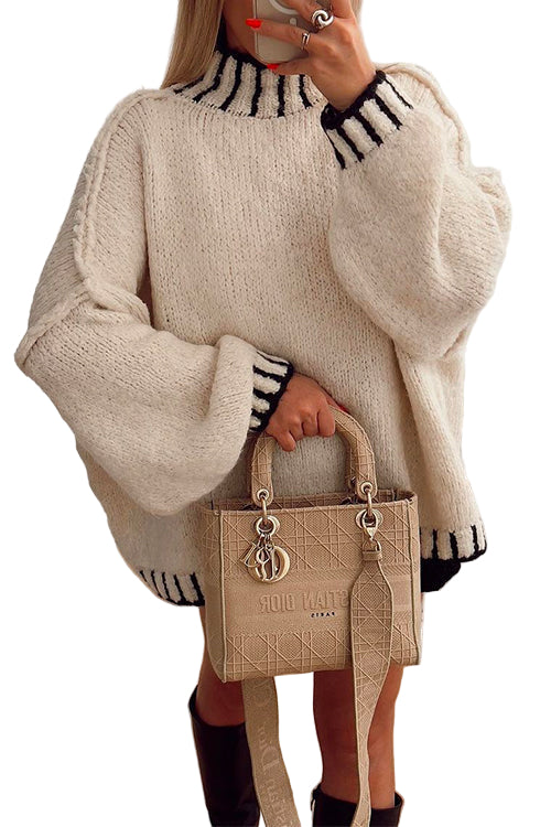 Stickad Dam Tröja Turtleneck Färgblock Design 0