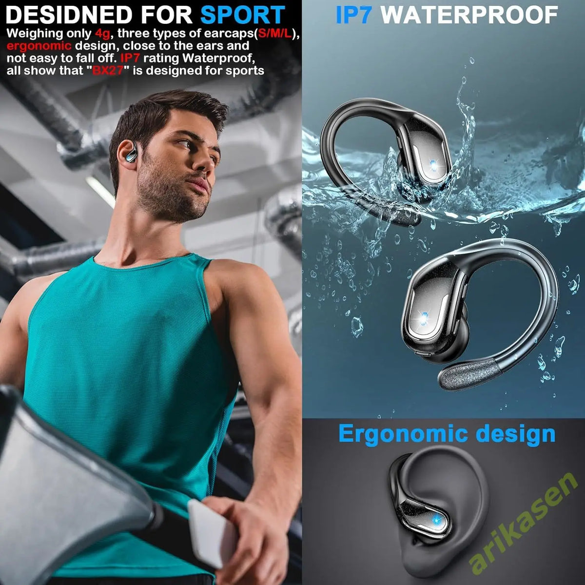 Trådlösa Sporthörlurar In Ear med Djup Bas och Vattentålig Design 4