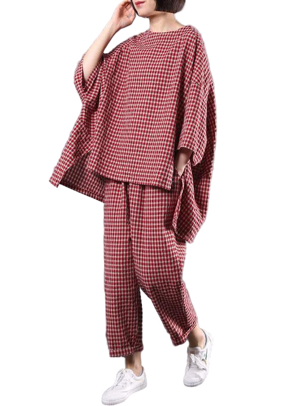 Tvådelat Set Dam Rutig Blus och Byxor Plus Size Komfortabel Design 0