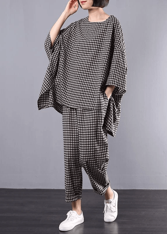 Tvådelat Set Dam Rutig Blus och Byxor Plus Size Komfortabel Design 1