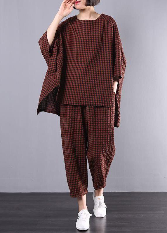 Tvådelat Set Dam Rutig Blus och Byxor Plus Size Komfortabel Design 2