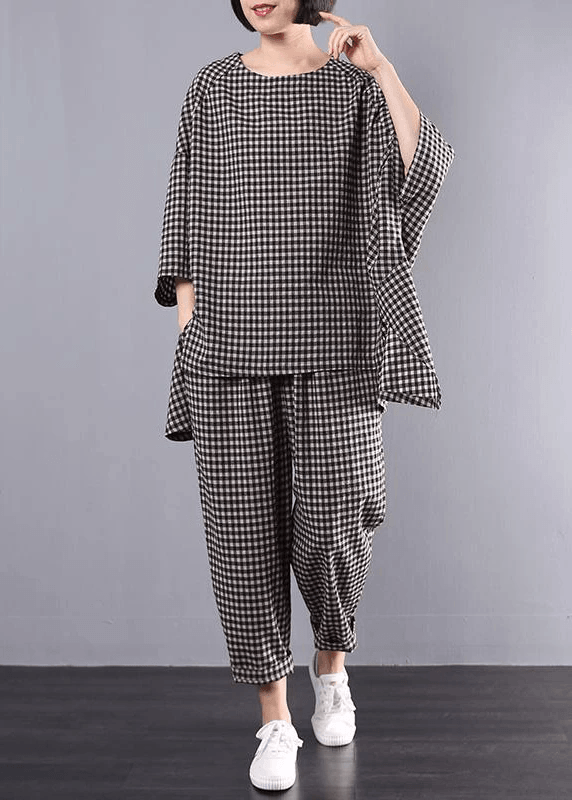 Tvådelat Set Dam Rutig Blus och Byxor Plus Size Komfortabel Design 5