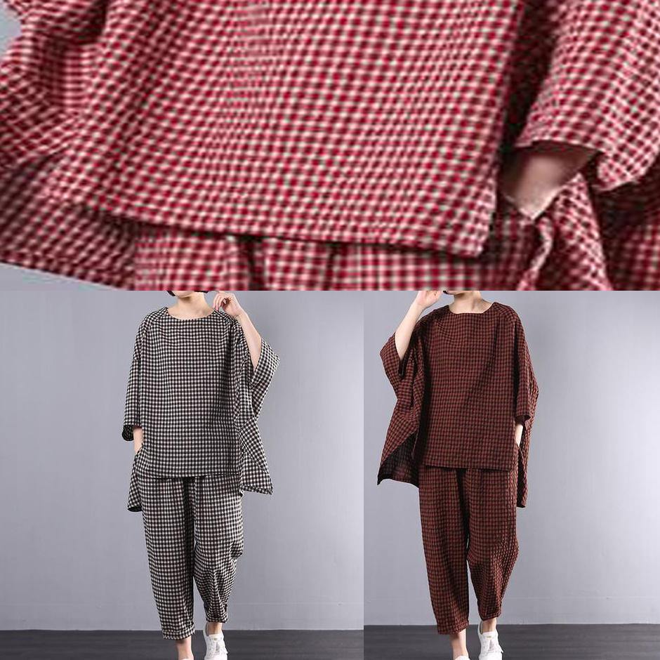 Tvådelat Set Dam Rutig Blus och Byxor Plus Size Komfortabel Design 6