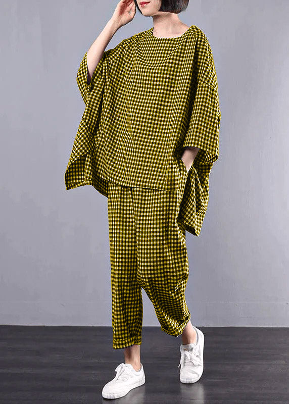Tvådelat Set Dam Rutig Blus och Byxor Plus Size Komfortabel Design 7